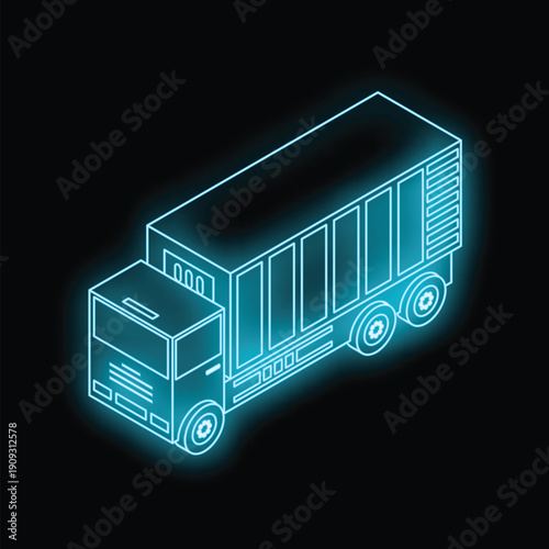 Isometric projection of a glowing light blue neon delivery truck, representing transportation and logistics