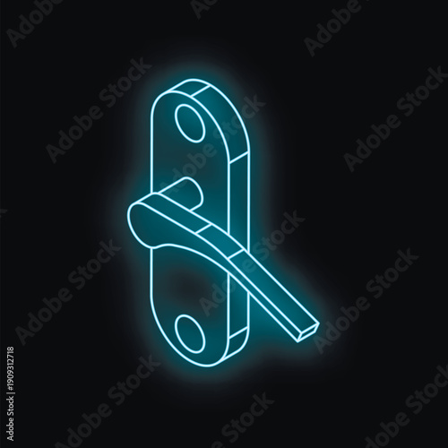 Neon blue glowing door handle representing safety, access, and privacy in a modern, minimalist style