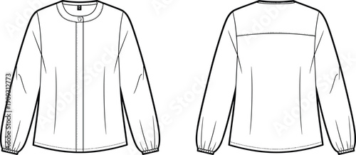 Long sleeve blouse technical flat sketch, fashion garment design vector, apparel construction drawing, clothing pattern illustration, cad drawing flat vector illustration