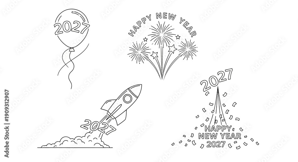 Fototapeta premium Happy New Year 2027 Rocket Launch & Fireworks Celebration Outline Icons