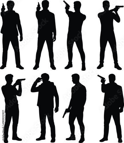 Man with gun silhouettes set, secret agent aiming pistol, criminal with weapon, vector illustration collection isolated on white background.