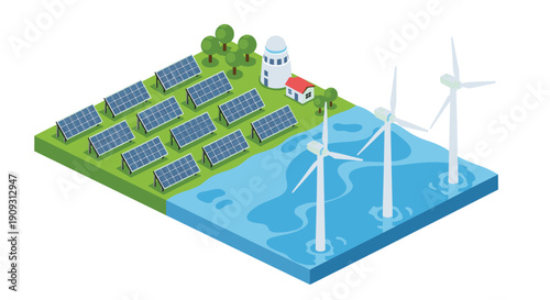 Isometric view of a renewable energy park with solar panels on a green field and wind turbines in the water next to a small white building.