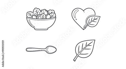 Healthy eating icons: salad bowl, heart with leaf, spoon, and leaf symbol