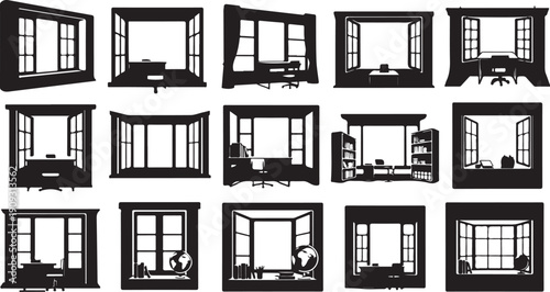 Silhouette of various office rooms with furniture and windows