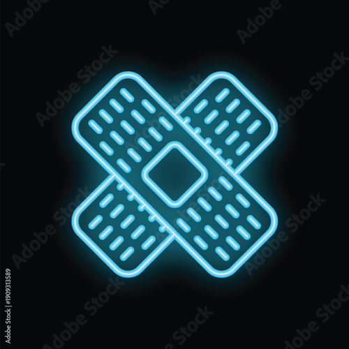 Bright blue neon sign depicting two adhesive bandages forming a cross, glowing against a dark background