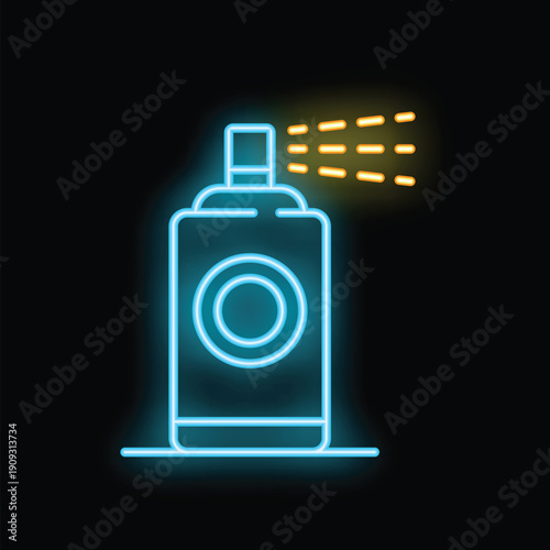 Neon blue and yellow spray can spreading aerosol on dark background