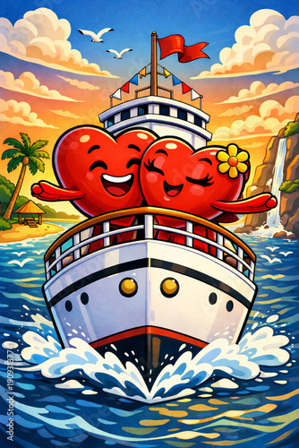 Vector illustration of cartoon style red heart couple enjoying on cruise