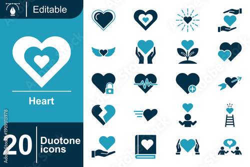 Collection of 20 duotone heart icons for creative projects and design, offering diverse representations of love and care