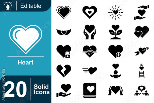 Collection of Heart Icons Symbolizing Love, Care, and Health in Various Editable Solid Design Styles