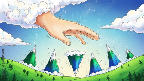 Whimsical hand from clouds touching mystical mountains with snow and green slopes