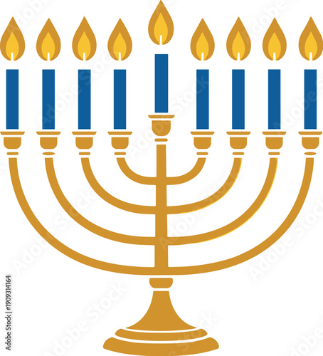 Gold Hanukkah Menorah with Nine Lit Blue Candles Vector Silhouette Black and White Cricut Design