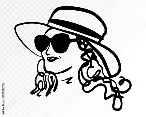 Hand drawn portrait of stylish woman in hat and sunglasses, summer fashion doodle in minimal black line art isolated on transparent background. Vector illustration