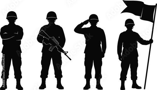 Military soldier silhouettes standing with rifle, salute, and flag poses, representing armed forces, patriotism, defense service, honor, unity, and national security concept