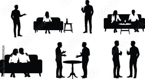 People silhouettes having conversations while sitting on sofas and standing, representing communication, discussion, social interaction, counseling, teamwork, and modern lifestyle concept
