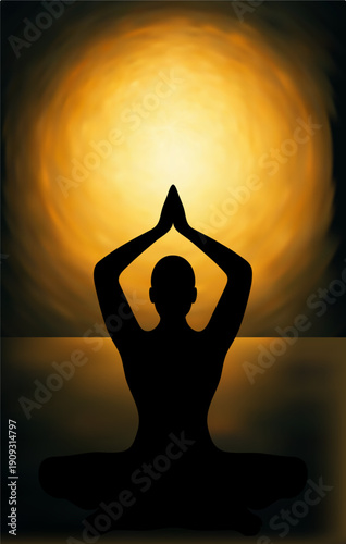 Silhouette of person meditating in yoga pose with glowing golden Sun light background, peace,  spirituality, meditation, yoga, zen, spiritual, calm, wellness, silhouette, Hinduism, Buddhism, vector