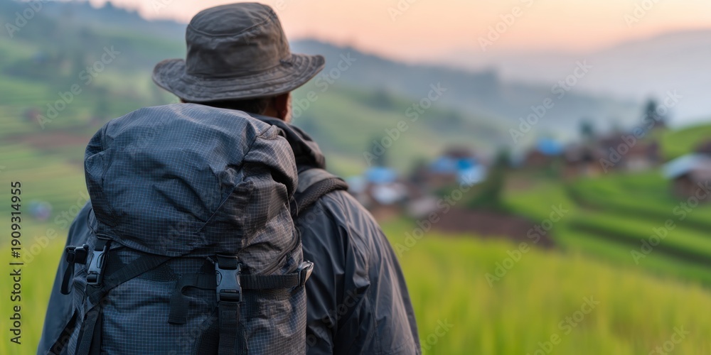 Fototapeta premium Backpacker Wearing Hat Looking over Lush Green Rice Terraces and Rural Valley Village Solo Travel and Slow Journey Scenic Exploration