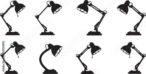 Collection of various desk lamps in different positions shown