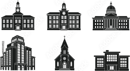 Public and institutional building silhouettes including school, university, church, courthouse, and office architecture, representing education, government, religion, and civic infrastructure concept
