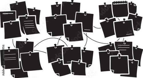 Black sticky notes on a white background with connections