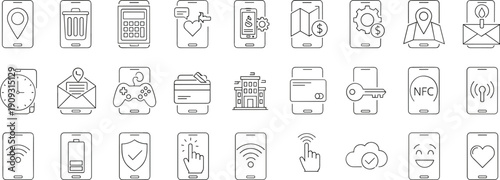 Mobile App And Smartphone Interface Line Icon Set Featuring Navigation Maps, Digital Payments, Security Protection, Cloud Storage, And Messaging Notifications,