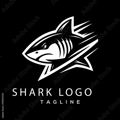 Modern fierce shark mascot logo vector template with speed lines for sports team and e-sports branding identity.