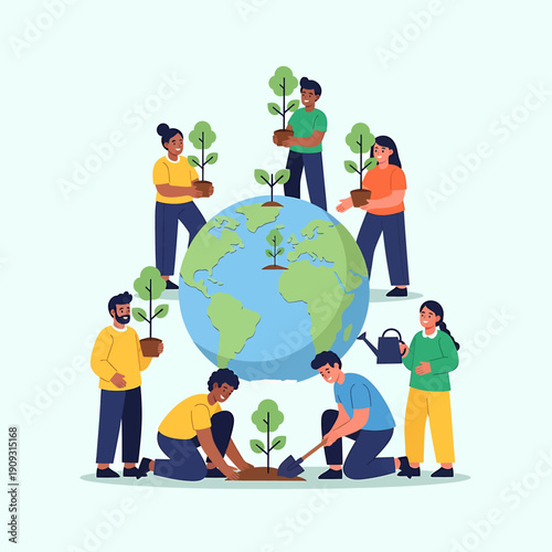 Diverse group of people planting trees and caring for the Earth, symbolizing environmental protection and global sustainability efforts.