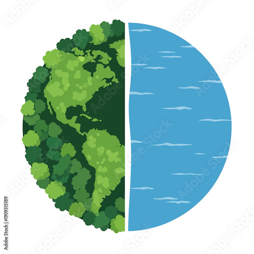 A stylized illustration of Earth divided into two halves, one showing green land with forests and the other blue water, symbolizing nature and the environment.
