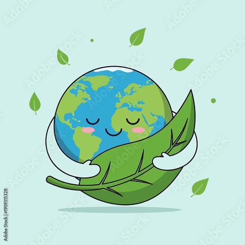 A cute cartoon Earth character happily hugging a large green leaf, symbolizing environmental care and nature conservation.