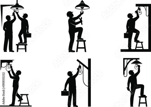 Lighting maintenance silhouettes, electrical work, ceiling light installation, toolbox, ladder safety, black vector workers, bulb replacement, wall fixture repair, teamwork