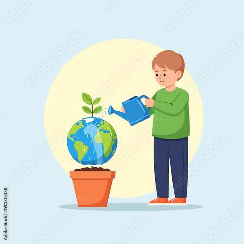 A young boy watering a small plant growing from a globe in a pot, symbolizing environmental care and sustainability.