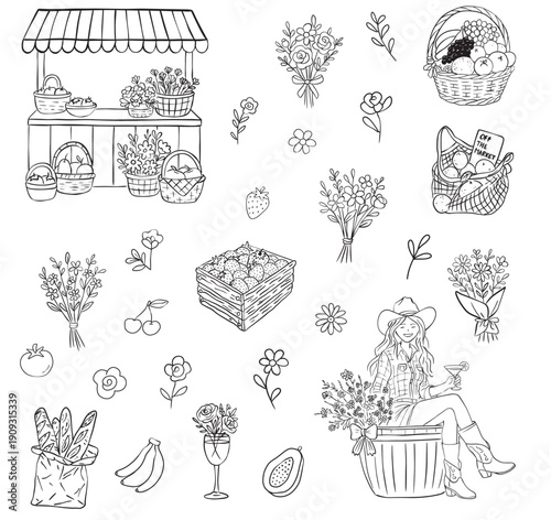 Hand Drawn Farmers Market Clipart Set with Flowers, Fruits and Girl Illustration