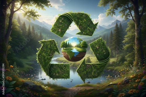 SEO Title: Green Recycling Symbol in Nature Landscape – Environmental Sustainability Concept