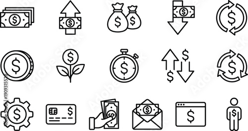 Money, Finance, and Investment Line Icons Set, Including Cash, Financial Growth, Return on Investment, Budget Management, Transaction, and Banking Symbols, Flat Vector Illustration