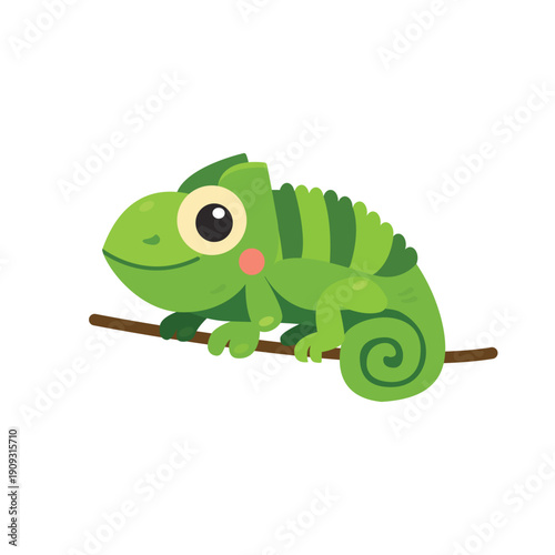 Cute green chameleon on branch cartoon for tropical theme design