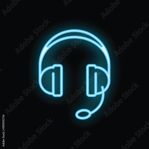 Neon headset glowing, representing online gaming, customer service or music listening