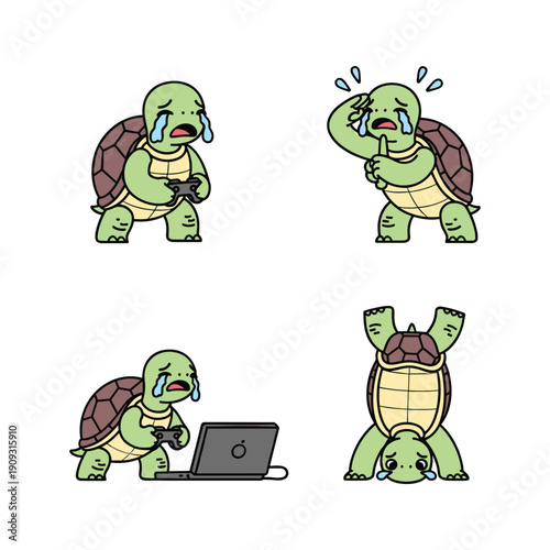 Stressed cartoon turtle crying and frustrated with laptop in various emotional states