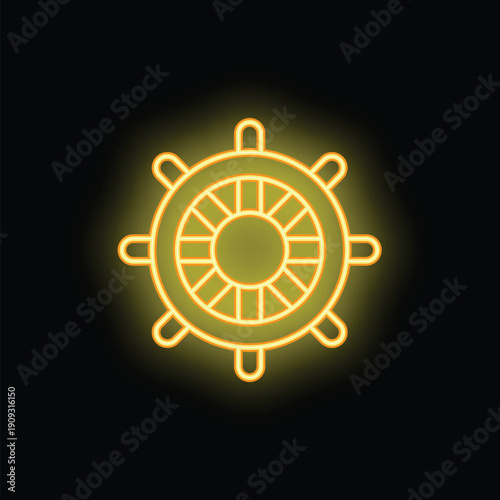Yellow neon sign of a ship steering wheel glowing on a black background