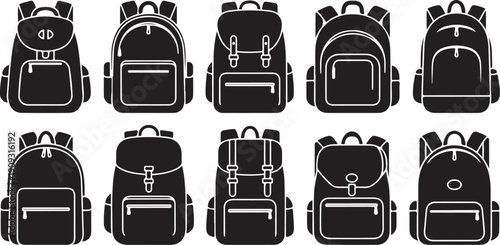 Collection of various black backpacks in different styles shown