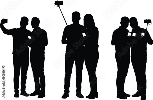 Friends silhouettes taking selfies with smartphones and selfie sticks, representing social media sharing, friendship, digital lifestyle, modern communication, technology use, 