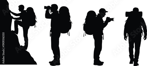 Hiker and photographer silhouettes with backpacks climbing, standing, and shooting photos, representing adventure travel, outdoor exploration, nature photography, hiking lifestyle