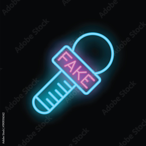 Neon microphone with fake news sign glowing on black background