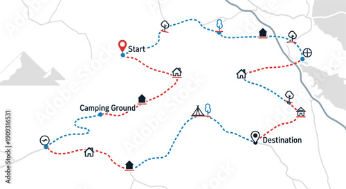 Outdoor adventure trail map template with start and destination pins.