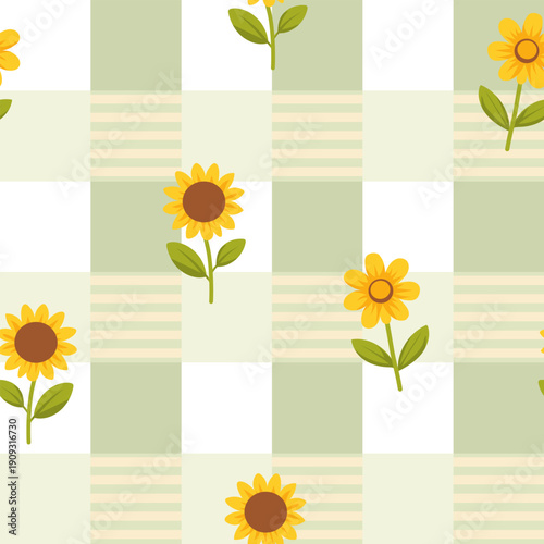 Coquette trellis floral seamless pattern on a checkered background. Vintage Rustic Sunflower Design for fabric, wallpaper, wrapping paper, or clothes. Vector illustration