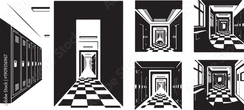 Black and white illustration of school hallway and lockers