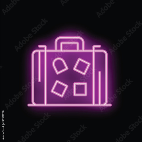 Neon suitcase glowing on a black background representing travel and tourism