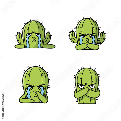 Crying cactus emojis expressing sadness and frustration in a cartoon style