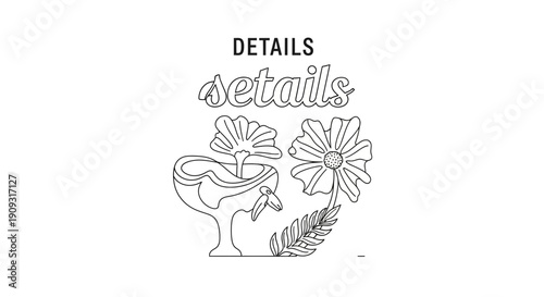 Hand-drawn illustration of a vase with flowers and leaves, black and white line art