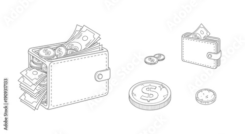 Hand-drawn illustration of wallets overflowing with cash and coins, symbolizing wealth and finance.