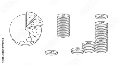 Hand-drawn pie chart and stacks of coins, representing financial growth and analysis.