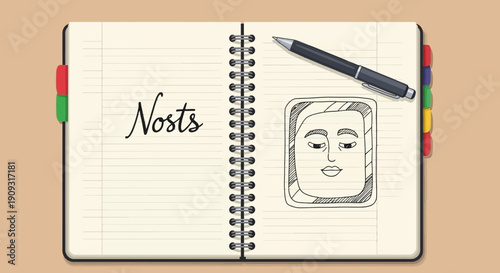 Hand-drawn sketch of a face and word 'Nost' on a notepad with a pen